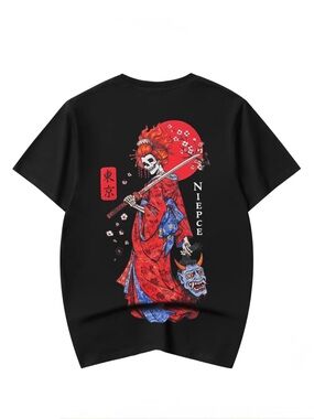 Niepce Black Short-Sleeve Graphic Tee with Red Geisha Skeleton Motif (PT-T112)